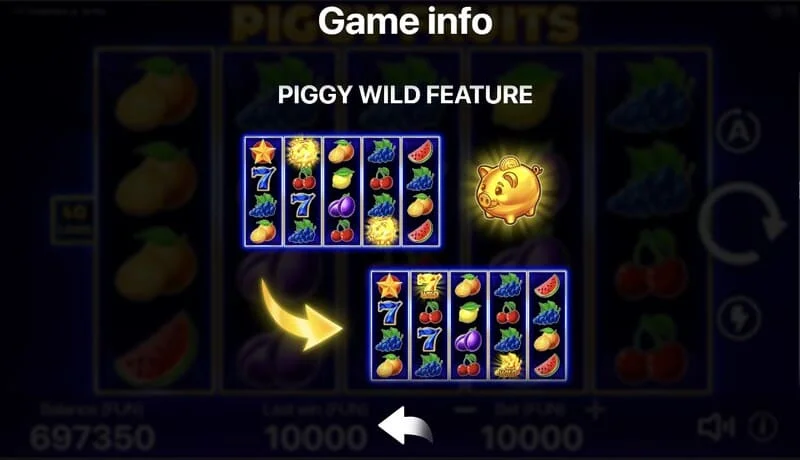 Piggy Fruits - 5x4のグリッドとフルーツシンボルのゲーム画面